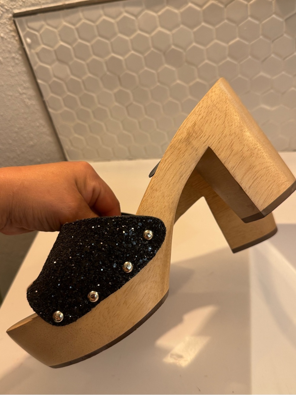 Paruolo Black Glitter Platform Clog Mule with Wooden Block Heel - Women